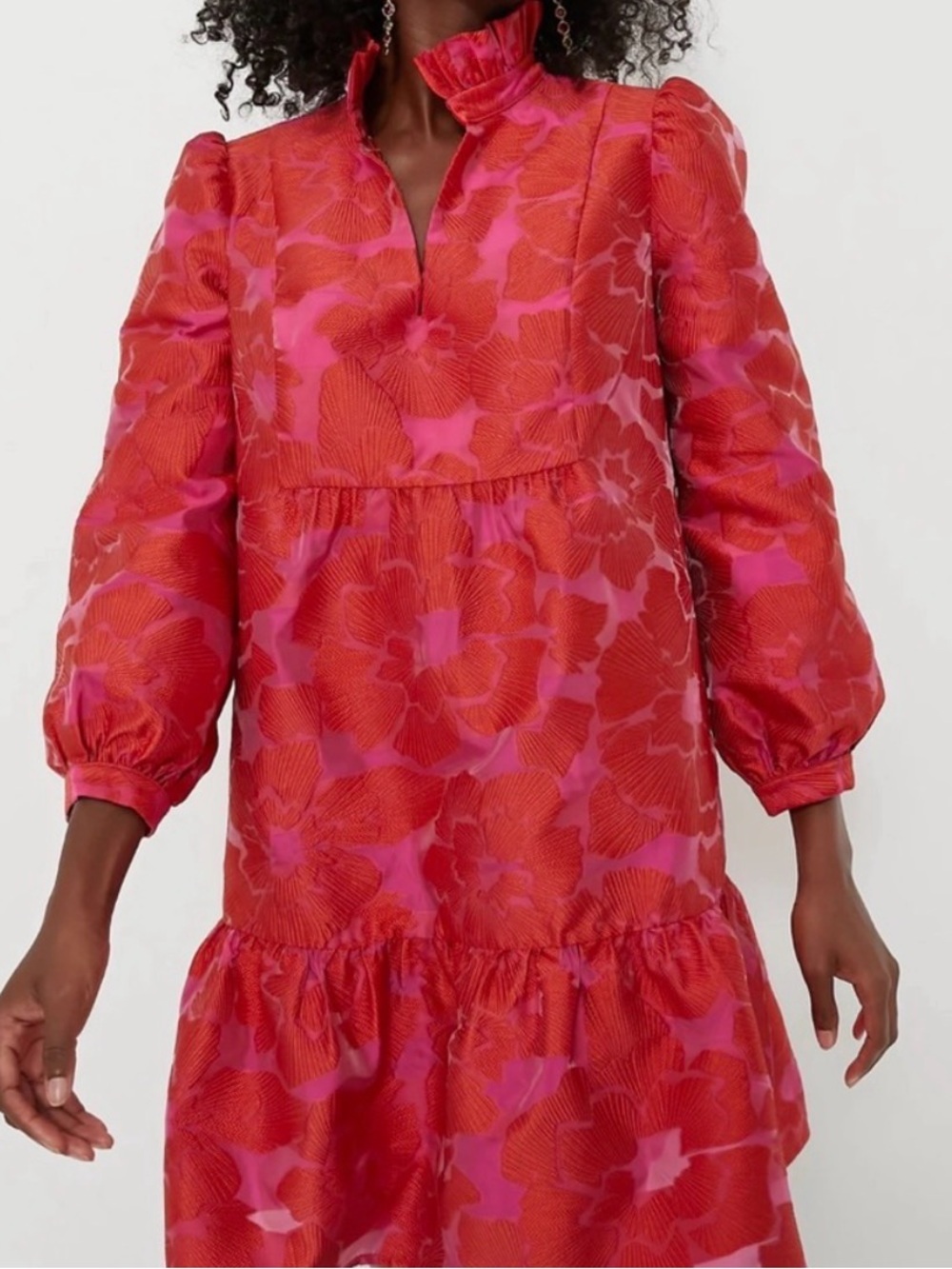 Tuckernuck Red and Pink Floral Tiered Puff-Sleeve Dress